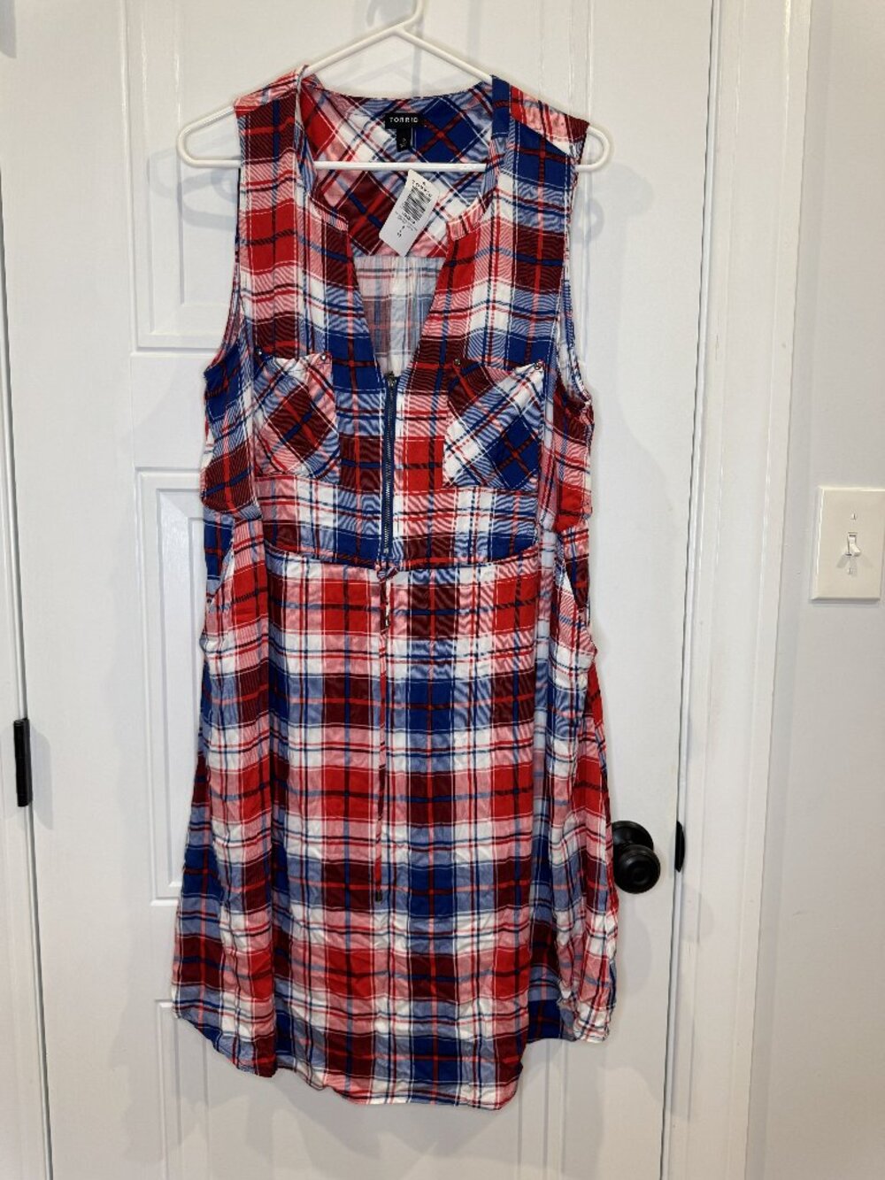 NWT Torrid Red White & Blue Plaid Sleeveless Zip-Front Shirt Dress 0x Pockets